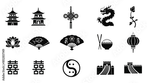 Set of Minimalist Black Silhouette Chinese Cultural Icons and Traditional Symbols on Isolated White Background