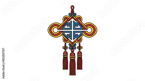 Intricate Traditional Chinese Knot with Blue, Red, and Gold Detail and Dangling Tassels on Isolated White Background