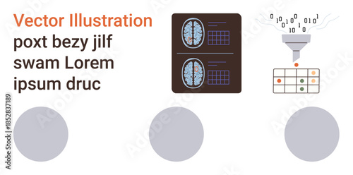 Data science, artificial intelligence, neuroscience, information processing, machine learning, digital transformation. Brain scan, binary funnel and a data grid table. Data science and artificial
