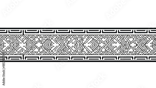 Black and White Geometric Pattern Border Isolated on White Background, Traditional Asian Decorative Element