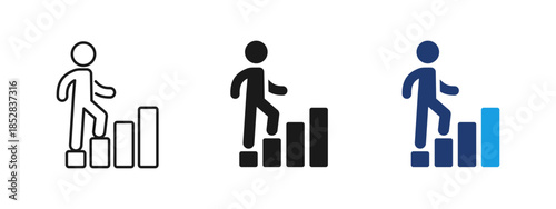Career growth icon showing person stepping up on increasing bars. Business symbol of promotion, success, professional development, progress, achievement and employee advancement.