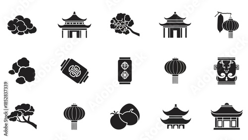 Black Silhouette Asian Cultural Icons Set Isolated on White Background, Traditional Oriental Symbols Collection
