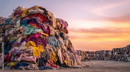 Huge pile of discarded clothing and textile waste at a landfill site during sunset, highlighting the environmental impact of fast fashion