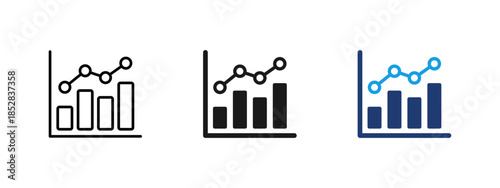 Analytics chart icon with bar graph and line trend. Business statistics symbol for data analysis, performance metrics, growth tracking, financial reports and marketing dashboard.