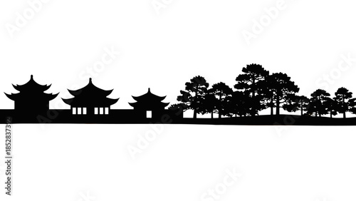 Black Silhouette Panorama of Traditional Chinese Pagoda Temples and Trees in a serene landscape, reflecting ancient architecture