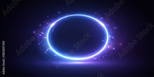 Glowing blue neon circle on dark background with purple sparkles