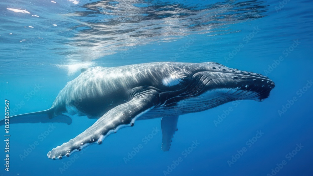 Obraz premium Humpback whale swims underwater; sunlight filters from above to ocean floor