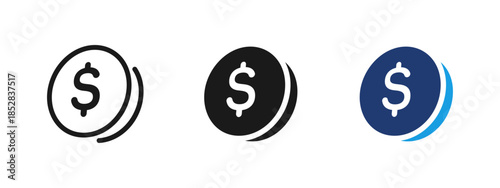 Dollar coin icon representing money, finance and currency. Flat financial symbol for income, profit, payments, banking, investment, savings and business cash flow in modern user interface design.