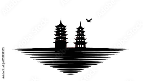 Black silhouette of two traditional Chinese pagodas with striped water reflection and flying bird, isolated white background.
