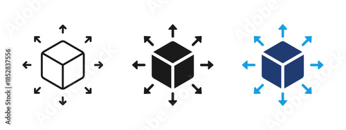 Product distribution icon for logistics and supply flow. Cube with arrows for delivery, shipping, warehouse management, fulfillment and scalable product distribution for business and ecommerce use.