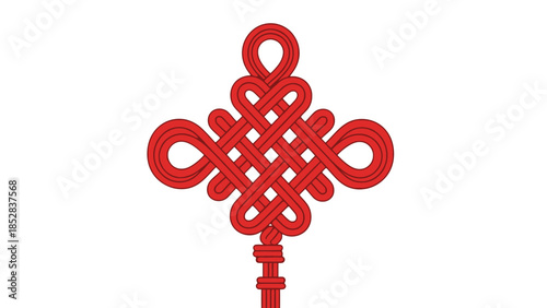Traditional red Chinese knot symbol, isolated white background.