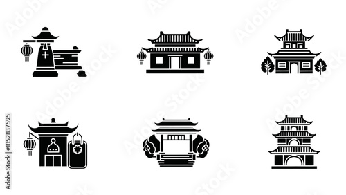 Black silhouette set of traditional Chinese buildings, temples, and pagodas, isolated white background.