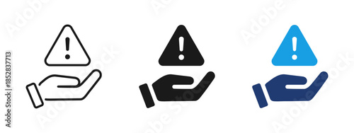 Warning icon with hand holding caution triangle and exclamation mark. Risk and safety concept for alert systems, hazard prevention, security notices, insurance, responsibility and user attention.