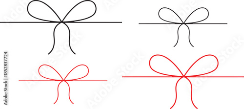 Set of thin ribbon bow knots. Decoration elements. Various bow doodles for presents, gift boxes, traditional holidays.Doodle Gift Bow. Simple Red Doodle Bows with String and Knot for Present. Simple