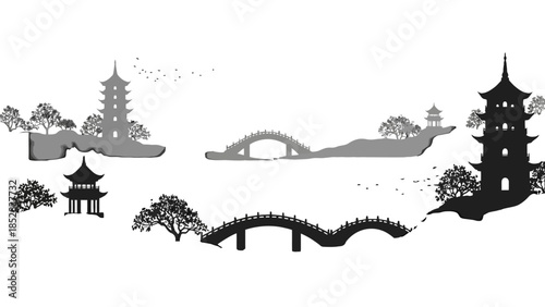 Serene Traditional Chinese Landscape Silhouette with Pagodas, Arch Bridges, and Trees on Isolated White Background