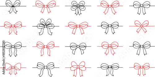 Set of thin ribbon bow knots. Decoration elements. Various bow doodles for presents, gift boxes, traditional holidays.Doodle Gift Bow. Simple Red Doodle Bows with String and Knot for Present. Simple