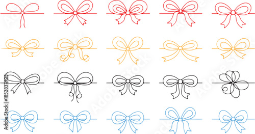 Set of thin ribbon bow knots. Decoration elements. Various bow doodles for presents, gift boxes, traditional holidays.Doodle Gift Bow. Simple Red Doodle Bows with String and Knot for Present. Simple