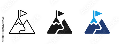 Mountain flag icon showing goal achievement and success. Concept of ambition, leadership, progress and reaching targets for business strategy, career growth and motivation projects.