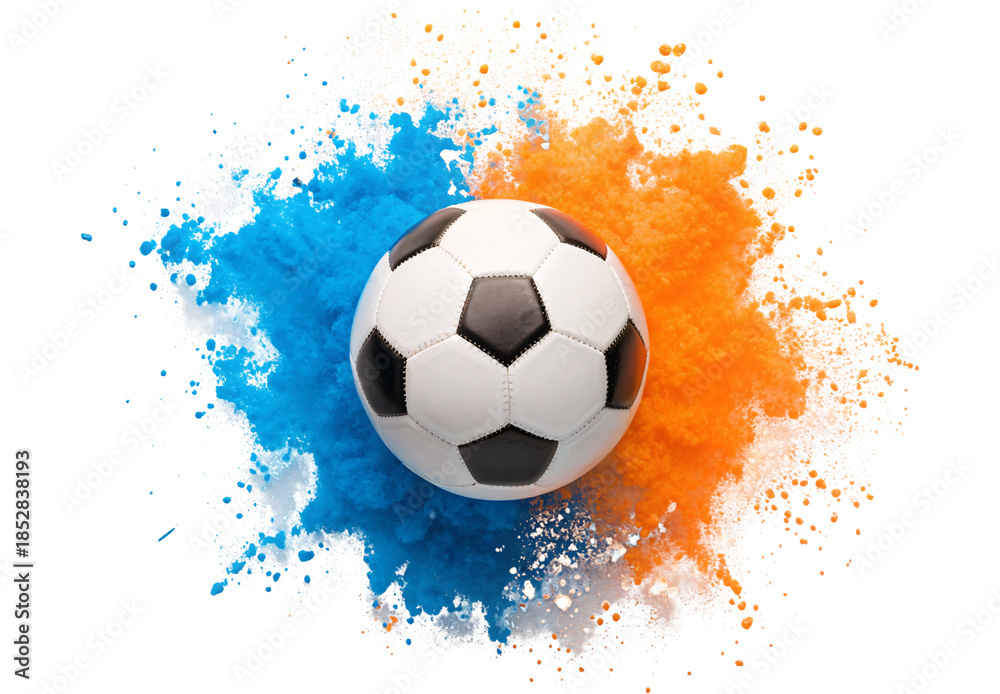Fototapeta premium Soccer ball with blue orange watercolor paint splash, isolated on a transparent background