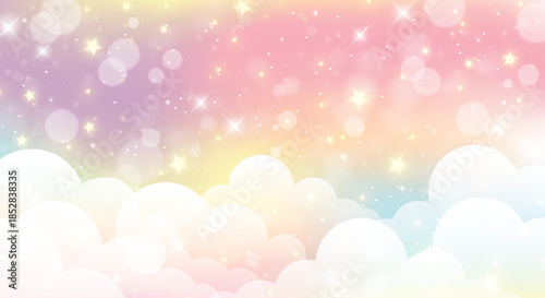 Cute candy, magical mermaid, kawaii or unicorn background with gradient rainbow, holographic sky cloud, bokeh light and glitter star. Birthday party invitation banner. Fairy tale backdrop or wallpaper