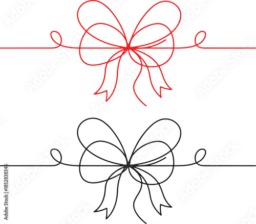 Red line bows on ribbon for gift decoration. String with rope knots in doodle style,Large set of hand drawn red ribbon bow knots. Decoration elements.