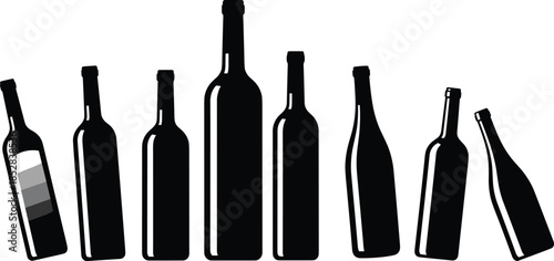 Wine bottle silhouette vector set, beverage container shapes, alcohol packaging, black icons, bottle design, winery branding, drinkware