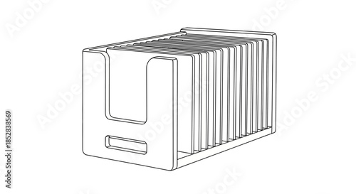 Line drawing of a minimalist media storage rack organizer