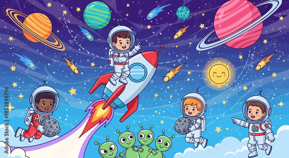 Fototapeta premium Happy children astronauts explore the cartoon universe with friendly aliens and rockets.