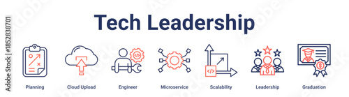 Tech Leadership banner web icon vector illustration concept for education with icon of Planning, Cloud Upload, Engineer, Microservice, Scalability, Leadership.