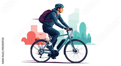 Man riding an electric bike with a helmet and backpack in an urban setting.