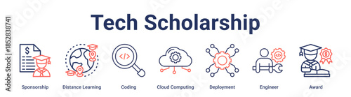 Tech Scholarship banner web icon vector illustration concept for education with icon of Sponsorship, Distance Learning, Coding, Cloud Computing, Deployment, Engineer.