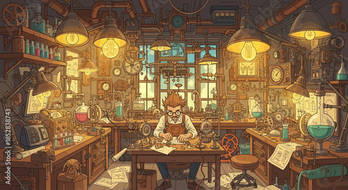 A young inventor diligently works on an intricate machine in his bustling steampunk laboratory.