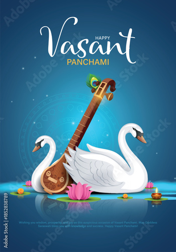 Vector illustration of happy Vasant Panchami puja of India. Creative design for banner, poster, card.