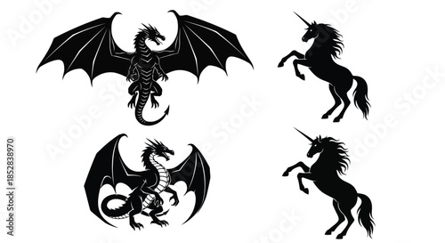 Black silhouettes of dragons and unicorns on white background vector