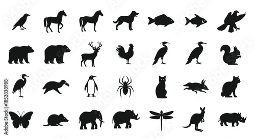 Collection of animal silhouettes on white background vector