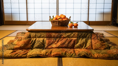 障子を背景にした畳の和室にあるこたつとカゴに盛られたみかんの日本の冬のイメージ