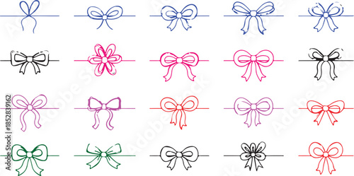 Red bow gift ribbon. Line collection. Holiday set. Red line bow gift ribbon. String bows for parcel wrap silhouette icons.