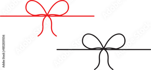 Red string bow ribbon rope tied up box present design vector. Gift bow for present icons set. Red bow gift ribbons minimal line set, vector drawing.