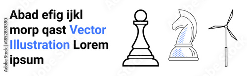 Strategy, renewable energy, decision making, sustainability, future planning, business growth. Minimalist art features chess pieces and wind turbine. Strategy and renewable energy