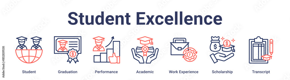 Obraz premium Student Excellence banner web icon vector illustration concept for education with icon of Student, Graduation, Performance, Academic, Work Experience, Scholarship.