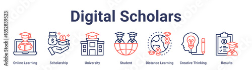 Digital Scholars banner web icon vector illustration concept for education with icon of Online Learning, Scholarship, University, Student, Distance Learning, Creative Thinking.