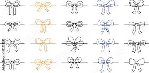 Red string bow ribbon rope tied up box present design vector. Gift bow for present icons set. Red bow gift ribbons minimal line set, vector drawing.