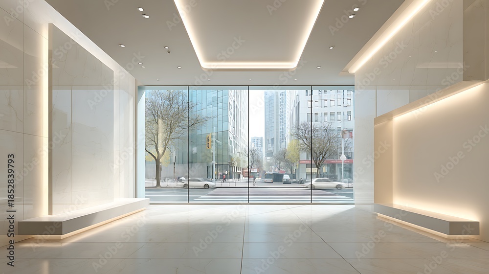 Fototapeta premium Clean Minimal Corporate Showroom with Blank Display Wall, Soft Ambient Light and Large Copy Area for Product Launches and Marketing Campaigns