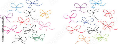 Doodle gift bow. Simple doodle red bows with string and knot for present. Black bow with tied rope and ribbon knot. Simple line design of string and thread for gift wrapping or marine cord.