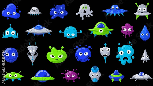 Whimsical assortment of colorful alien creatures and futuristic spacecraft designs