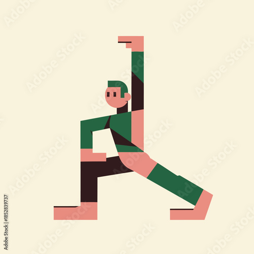 Minimalist geometric illustration of a person practicing a lunge yoga pose, embodying health and flexible wellness