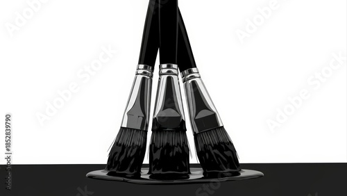 Three black paint brushes dipped in black paint on a white background.