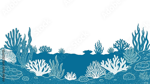 Stylized underwater coral reef illustration, vibrant ocean floor ecosystem, marine life line art background