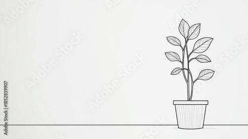 Minimalist plant illustration in a pot against white background copy space