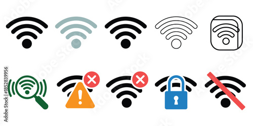 Wi-fi symbol and indicator vector set featuring full, weak, error, security and no-connection status icons, ideal for user interfaces, apps, websites and digital dashboards in clean vector style.